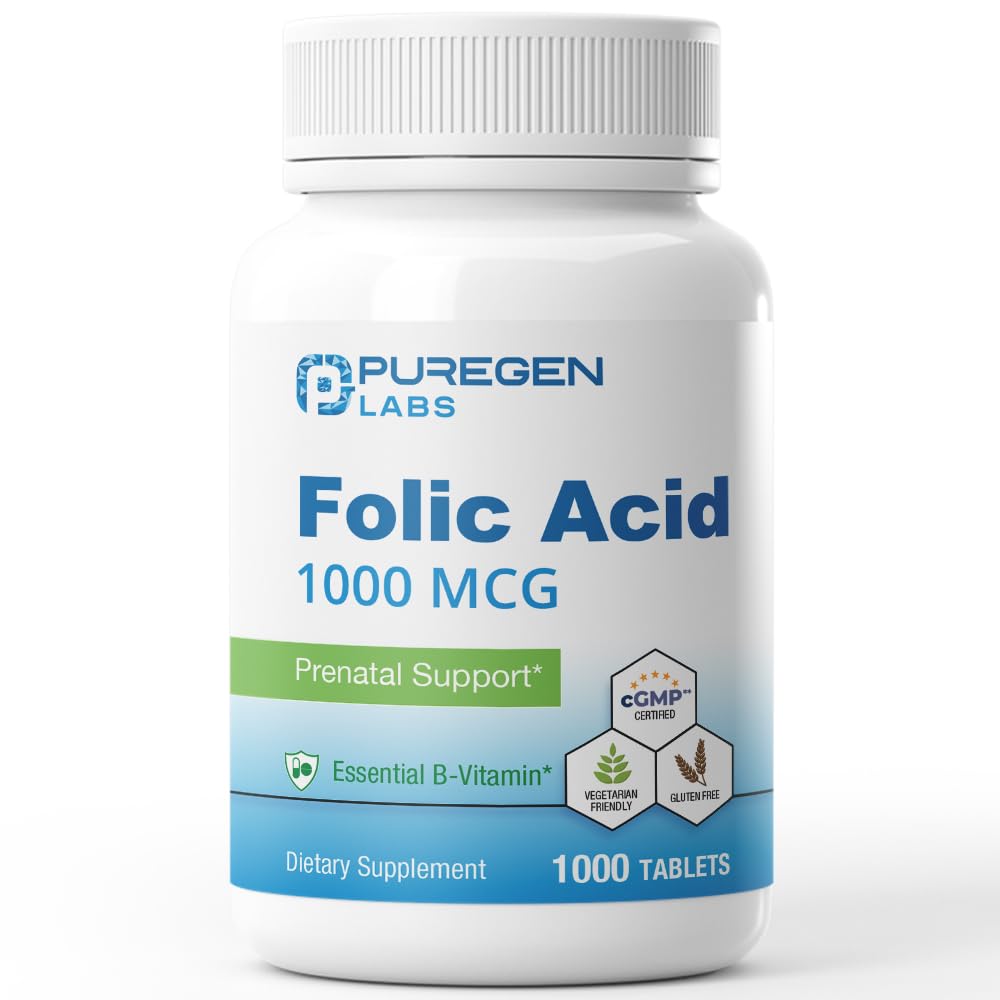 Puregen Labs Folic Acid 1000 mcg Tabletler | Vitamin B9 | Non-GMO | Gluten Free | ABD'de Yapılacak | Değer Boyut 1000 Tablet