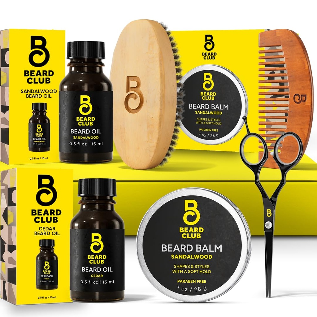 Ayıd Club Ayıd Kit for Men - Grooming & Care Kit - Cedar & Sandalwood Oil, Sandalwood Balm, Boar Bristle Brush, Combming Scisors - Dad Gift Set
