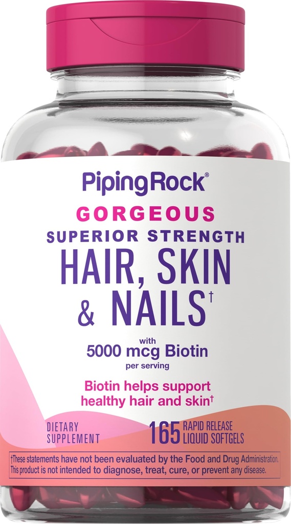 Piping Rock Hair Skin ve Nails Vitaminleri | 165 Softgels | 5000 mcg of Biotin Extra Strength | with Argan and Coconut Oil | Non-GMO, Gluten Free Supplement