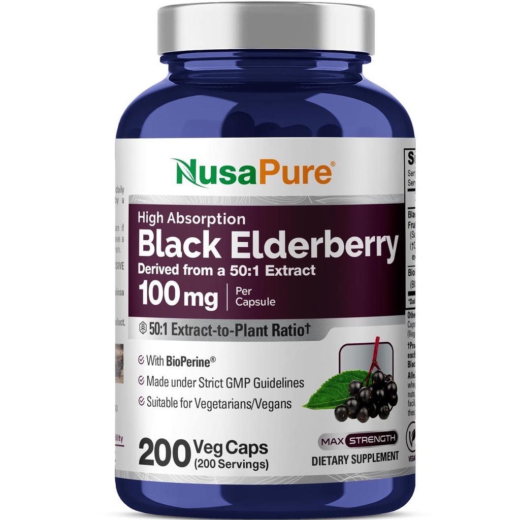 NusaPure Black Elder 50:1 Ekstraksiyon, Veggie Capsules başına 100 mg Eşdeğer, 200 Kont (Non-GMO, Bioperine) Sambucus Tamam