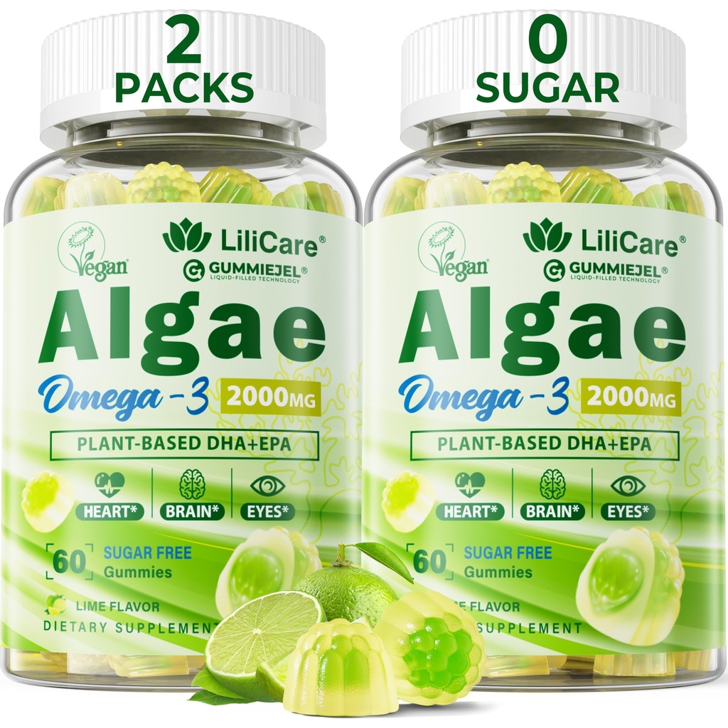 Omega 3 Gummies Algae Oil (DHA 640 mg & EPA 290 mg) for Women & Men, Vegan Omega 3 Fish Oil Alternative, w/CoQ10, Astaxanthin, A Vitamin, E, D3 for Brain, Eye, Antioksi,Sugar Free 2Packs
