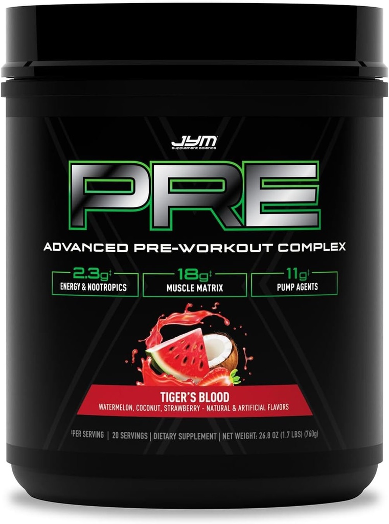 Pre JYM X Tiger's Blood Advanced Pre-Workout Toz Massive Pumps, Citrulline Nitrate, Dynamine, NO3T Betaine, BCAA's, Nootropics, Tinatine, Beta-Alanine, JYM Supplement Science, 20 Hizmet