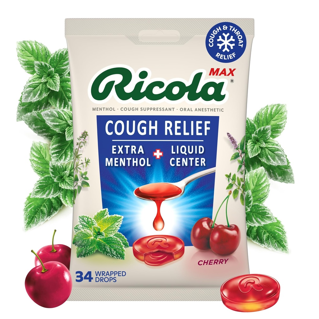 Ricola Max Swiss Cherry Throat Care Large Bag | Cough Suppressant Drops | Dual Action Liquid Center | Soothing Long-Lasting Relief - Count 34 (Pack of 1)