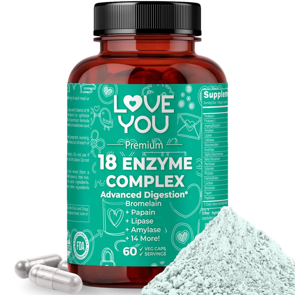 Love You 18 Enzyme Kompleksi – Plant-Based Digestive Enzymes for Women & Men | Supports Nutrient Abxia & Digestive Comfort | 60 Vegan Capsules ABD'de Yapılan