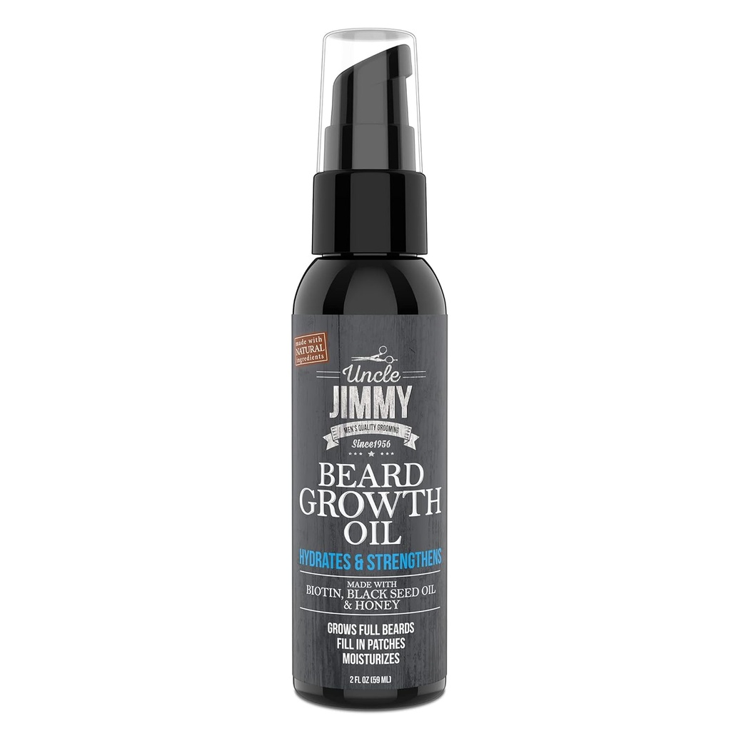 Uncle Jimmy Beard Growth Oil with Biotin | Natural Beard Care for Thicker, Fuller Healthier Beard | Men's Facial Hair Treatment for Grooming | Increases Thickness and Volume 2 Fl Oz
