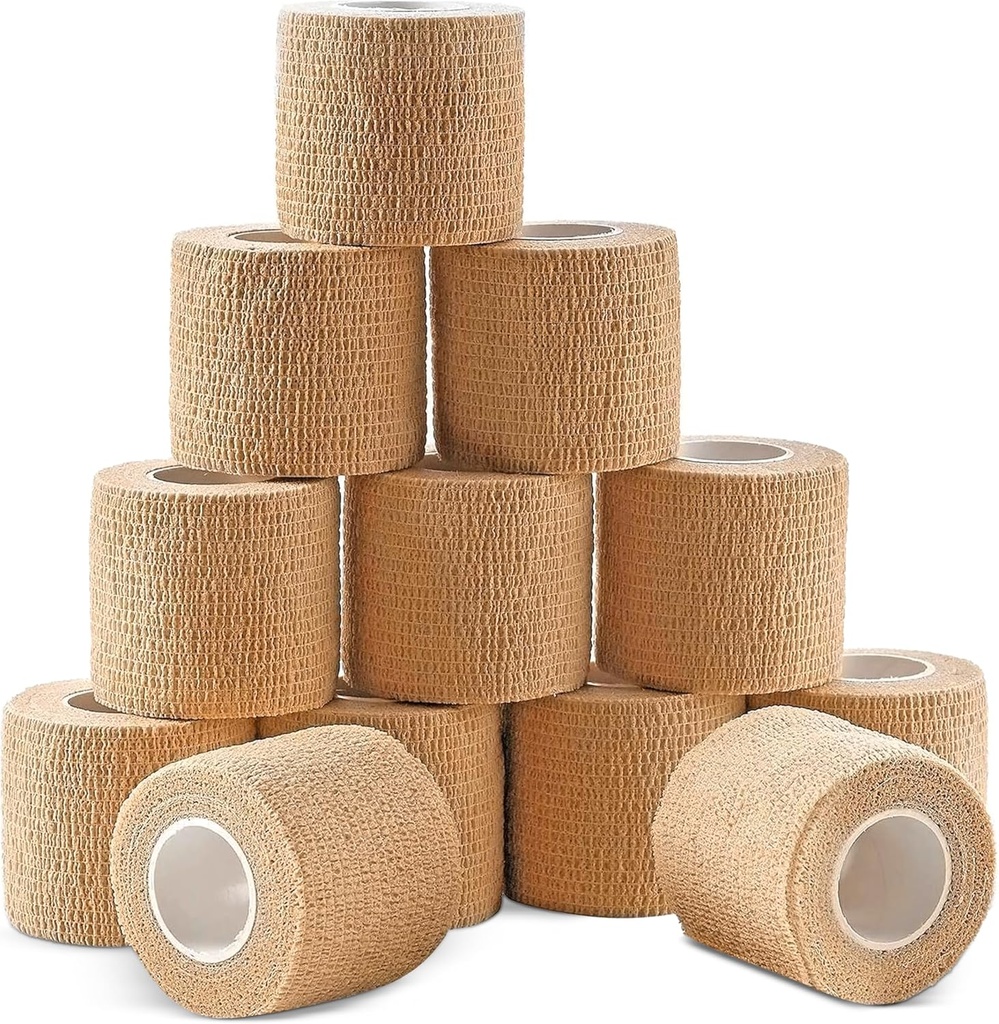 Ever Ready First Aid Self Adherent Cohesive Wrap Bandages, 2” x 5 Yards for First Aid, Sprains, Swelling, Sports, Pets, Tan Color – 12 Count