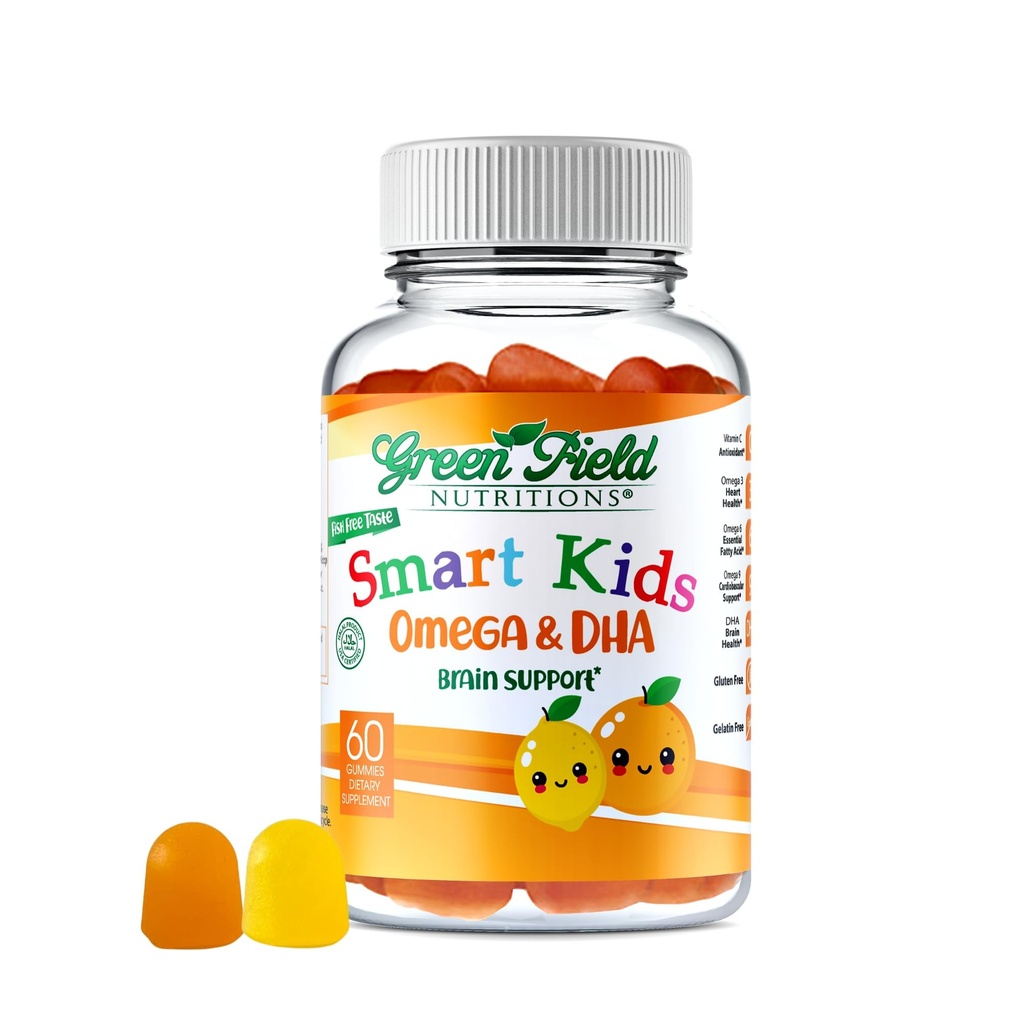 Greenfield Beslenmeleri Smart Kids Halal Omega 3 Gummies with DHA - Çocuklar için 60 Halal Vitaminler, Beyin ve Immune Health - Vegan, Non-GMO, Gluten, Gelatin-Free and Peanut-Free Halal Gummys