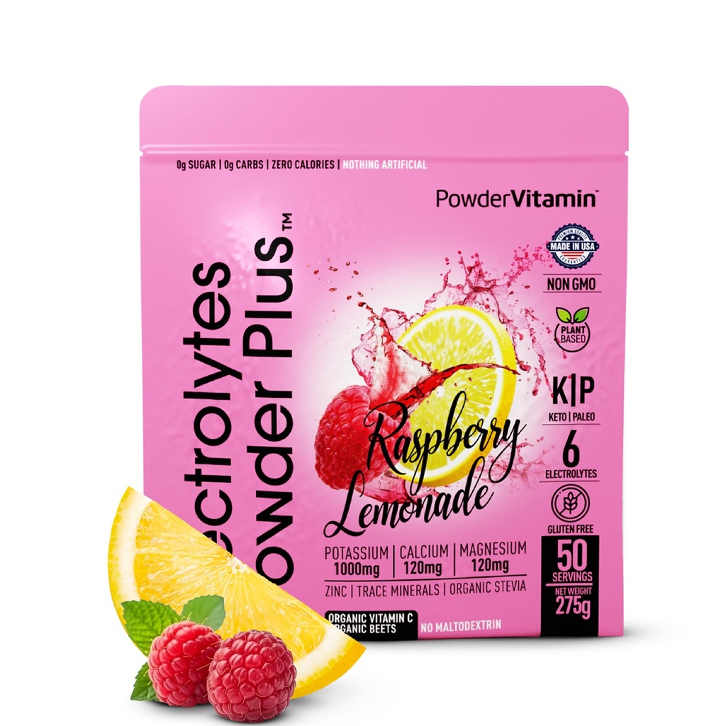 TozVitamin Electrolytes Toz Plus (50 Hizmet) Raspberry Lemonade Electrolyte Toz Zero Calorie DW, 0 Sugar, No Maltodextrin,1000 mg Pyum,120 mguba,120 mg Magnezyum, Hydration Toz