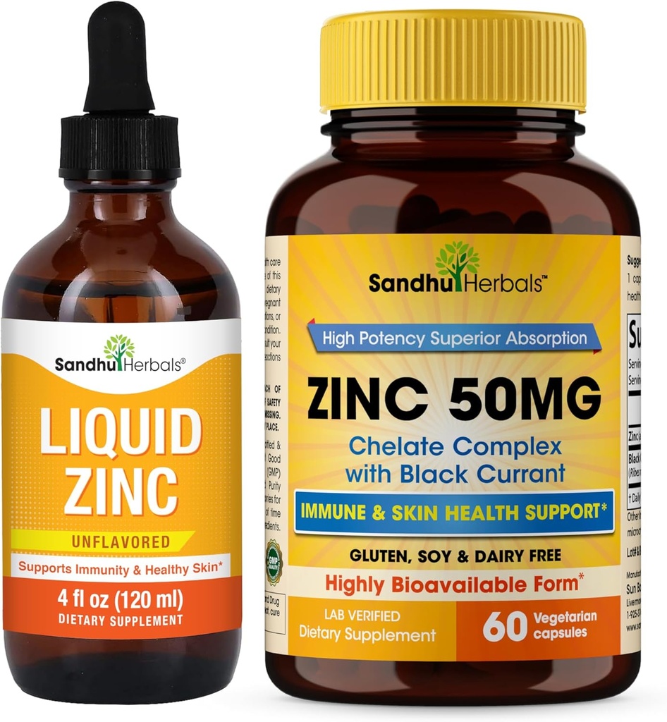Sandhu Herbals Sıvı Çinko 4 Oz & çinko Capsules 60 Kont Supplement | Destekler Immune ve Skin Health / ABD'de Made in USA