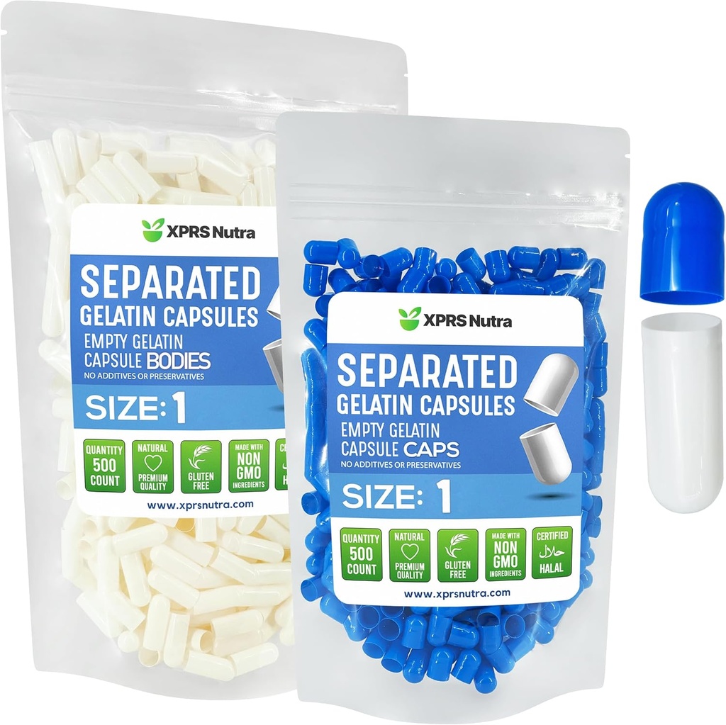 XPRS Nutra Boyutu 1 Gelatin Ayrılı Capsules- 500 Kont Boş Pill Capsules Çantalarda Ayrıştı - DIY Tamam Filling için Boş Piller (Mavi/Beyaz)