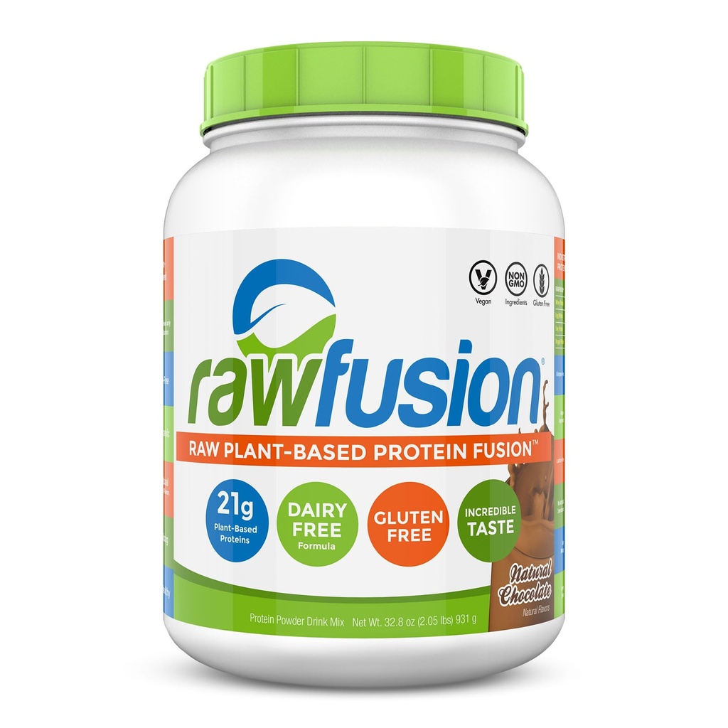 Rawfusion- Vegan Protein Powder, Natural Chocolate - 30 Servings, 21g of Plant Based Protein, Low Net Carbs, Non-Dairy, Gluten/Lactose Free, Soy Free, Kosher, Non-GMO, 2lbs Pound