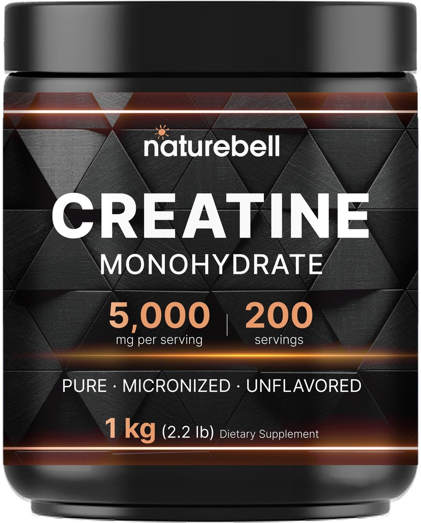 NatureBell Kretine Monohidrat Toz 1000g, 5.000mg Per Servis, 200 Hizmet (2.2 lb) | Mikronized, Pure & Unflavored | Pre-Workout Muscle Support* | DW, Vegan, Filler-Free