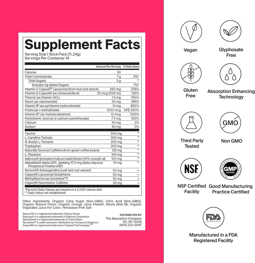 Abxia Company Energy Drink Toz Mixets - 150 mg Natural Caffeine & Vitamin C - Meyve Flavor, 28 Sticks - Temiz Enerji Uyarısı