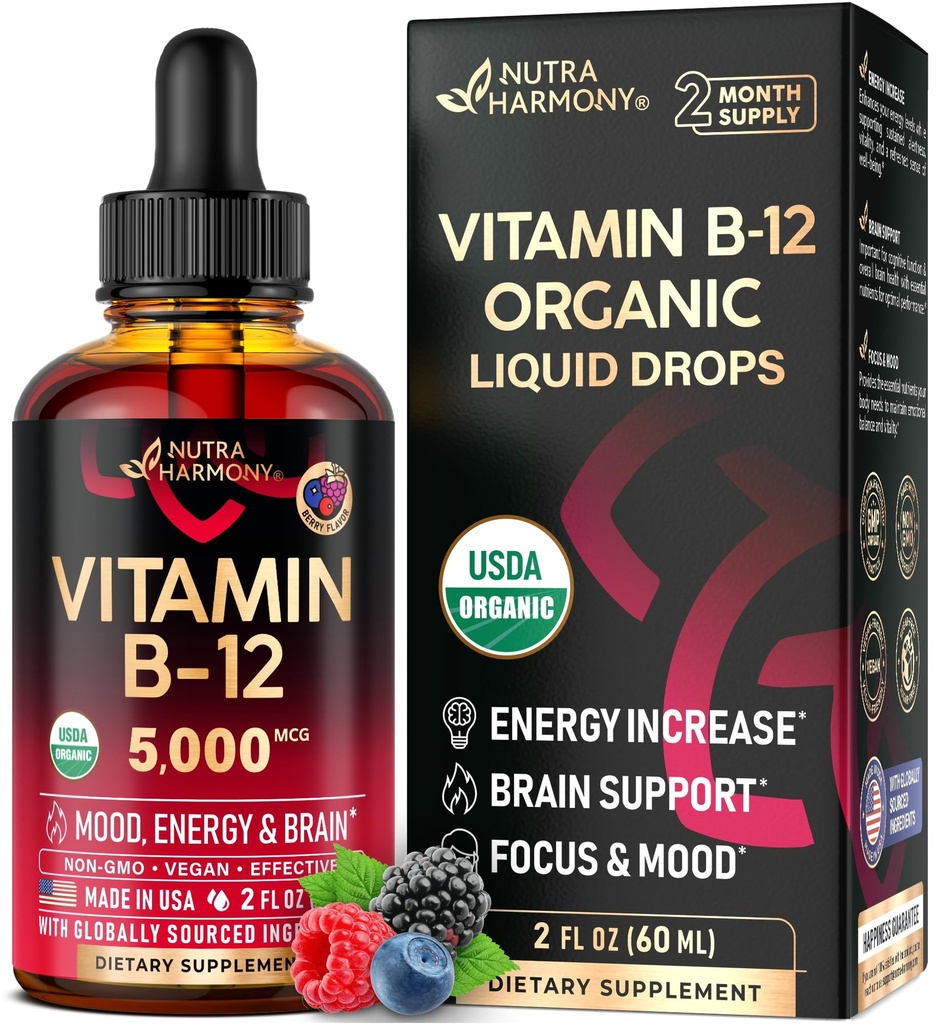 USDA Organik Vitamin B12 Sublingual Drops - 5000 mcg Sıvı Vegan Kadın ve Erkekler için - Enerji Boost, Focus & Mood, Brain Health Support - Max abs Absiyon - 2 Ay Supply, 2 fl oz