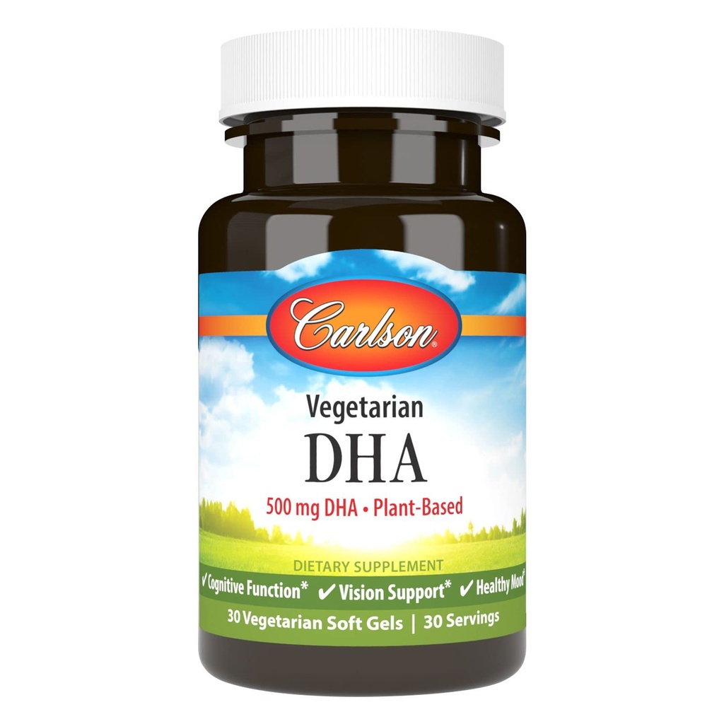 Carlson - Vejetaryen DHA, 500 mg DHA, Plant bazlı, Sustainably Algae, Beyin Desteği, Mood Health, 30 Softgels