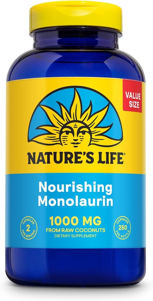 Nature's Life Monolaurin 1000 mg, Nourishing Monolaurin from Natural Raw Coconut, Immune Support Supplement, Gut Health, Balanced Gut Flora, 60-Day Guarantee, 125 Servings, 250 Vegetarian Capsules