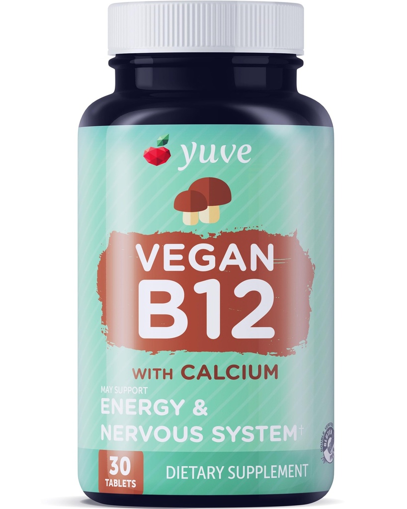 Yuve Vegan B12, en fazla Absorbption - Active Energy & Central Nervous System Support - 1000 Live, Non-GMO, Gluten-Free, Sugar-Free - 30 Tabs