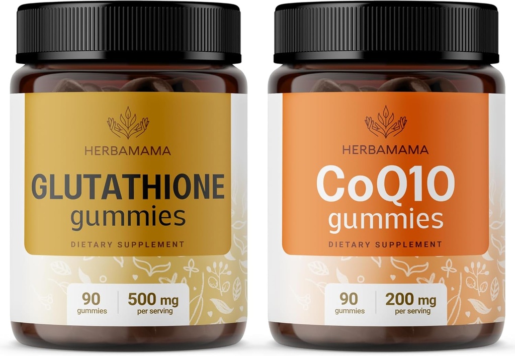 HERBAMAMA Glutathione and CoQ10 Kit - Bundle of 500 mg Reduced L-Glutathione and 200 mg CoQ10 Gummies - Vegan, Non-GMO, Gelatin-Free - 2 Pack