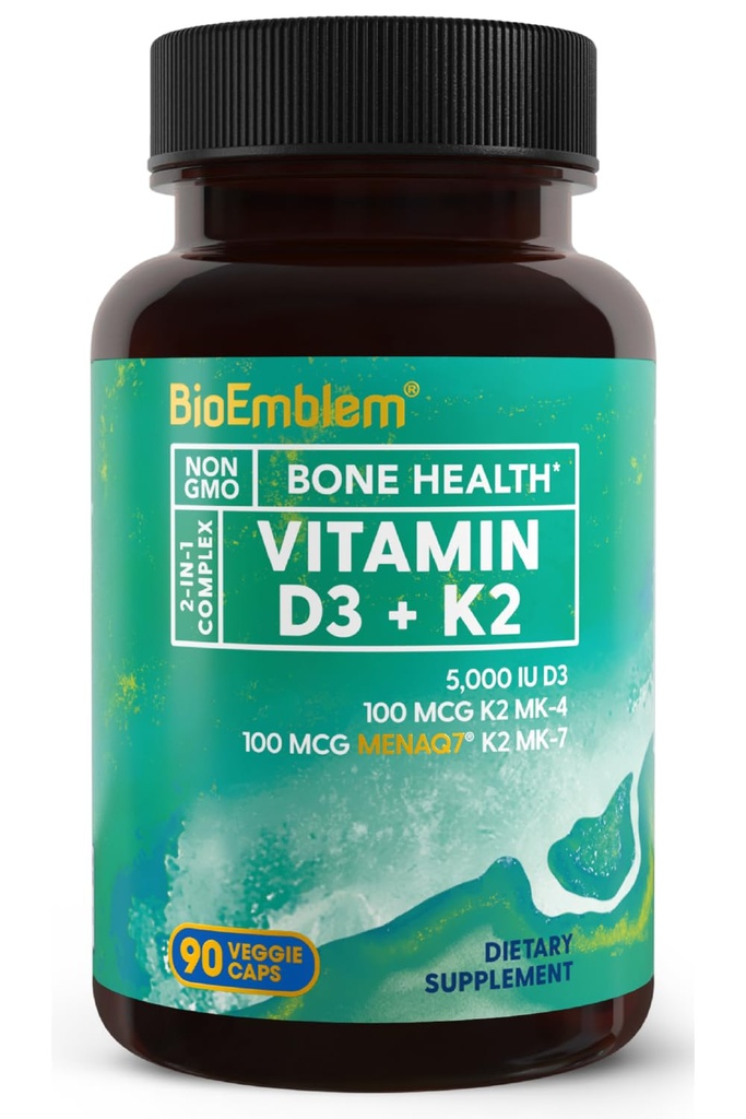 BioEmblem Vitamin D3 K2 Capsules (5000IU ve 200mcg) - Patentli MK7 ve MK4 için 3-in-1 Kompleks Desteği - Vejetaryen D K2 Supplement for Teeth, Heart, Immune System - Non-GMO, 90 Caps