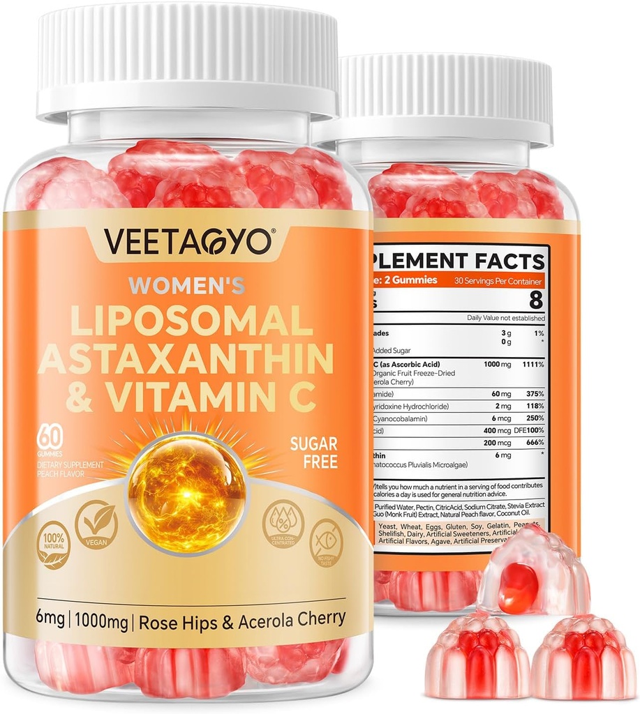 Astaxanthin Supplements 6 mg + Liposomal Vitamin C 1000 mg - Çift Katman - Niacin B6,B12,Folate,Biotin - Antioksis - Gelatin Free,Sugar Free,60Cts