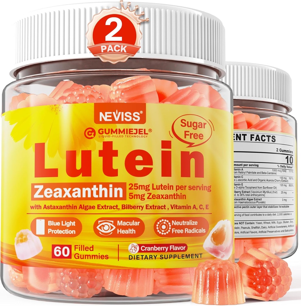 2 Pack Lutein ve Zeaxanthin Supplements Gummies (25 mg) Vitaminler A, C, E, Bilberry, Astaxanthin - Daha İyi Absorpsiyon için - Yetişkinler ve Gençler Vizyon, Eye, Brain, Skin - Vegan, Sugar Free