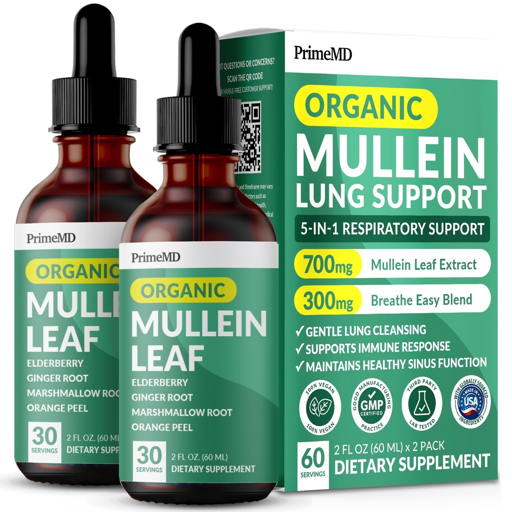 Lungs ve Bronchial için 5in-1 Mullein Drops - Respiratory Lung Health Support with Mullen Leaf Extract for Lungs - Mullein Tincture with Elderberry, Echinacea and Ginger Root (60 hizmet) (2-pack)