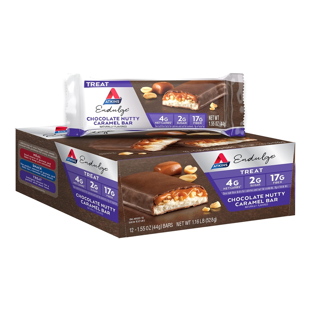 Atkins Endulge Chocolate Nutty Caramel Bar, Dessert, 2g Sugar, High in Fiber, Keto Friendly, 12 Count