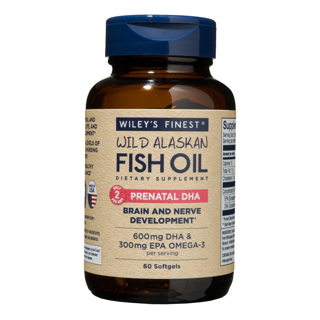 Wiley's Finest Wild Alaskan Fish Oil Prenatal DHA - 900mg EPA and DHA Omega-3s for Pregnant Women and Nursing Mothers - 60 Softgels (30 Prenatal Vitamin Servings)