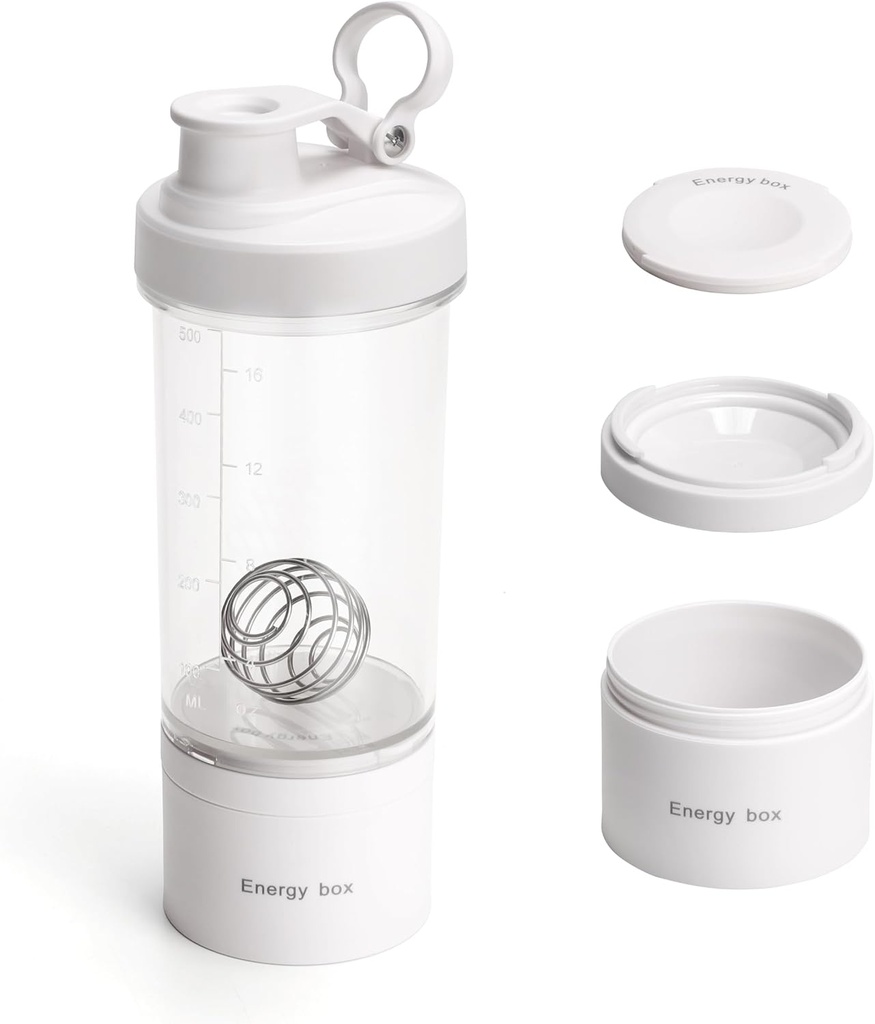Protein Shaker Tritan Şişe Pill/Powder Storage Konteyner ile Protein Shakes-pre egzersiz şişe-Mixer Cup-Gym Sport Water Şişe ile Wiresk Balls White