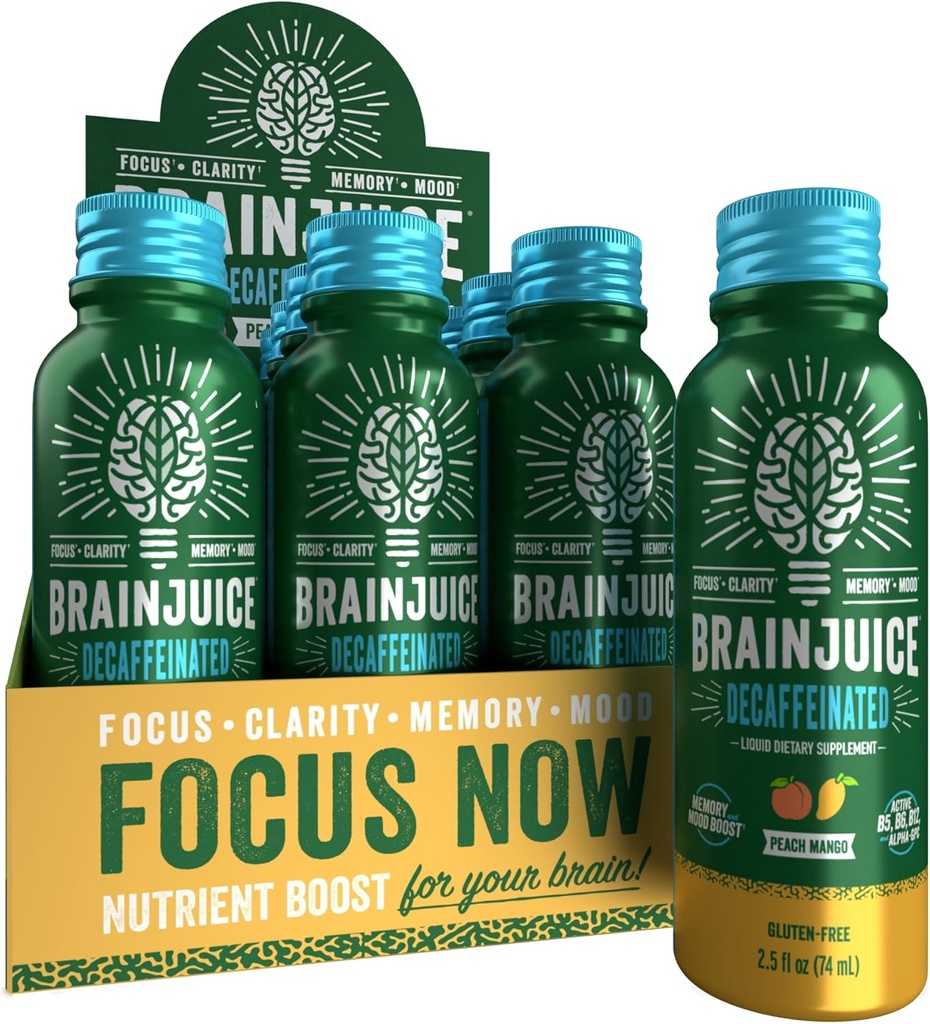 BeyinJuice Decaf Beyin Desteği Shot, Gluten Free Supplement Shots for Energy & Focus, Alpha GPC, Vitamin B & Decaffeinated Green Tea Leaf, Peach Mango, 2.5 fl oz, 12 Pack