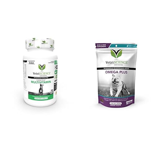 Vetri Science Canine Plus MultiVitamin for Dogs, 90 Tablet ve Omega Plus Köpekler için Gelişmiş Cilt Supplement, 40 Chews