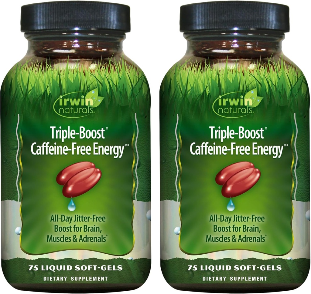 Irwin Naturals Triple-Boost Caffeine-Free Energy – 75 Liquid Soft-Gels – Adaptojenik Günlük Enerji Desteği - 2 Pack