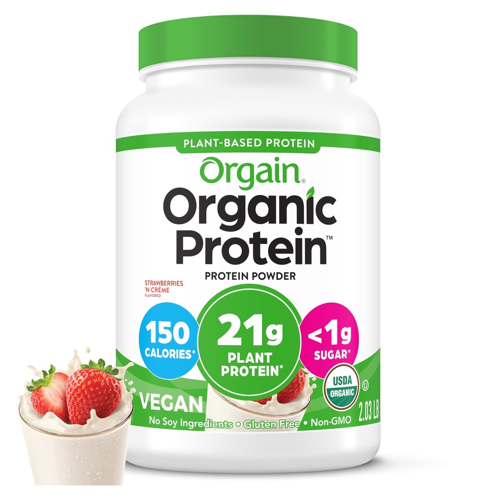 Orgain Organic Vegan protein Toz, Strawberries & Cream - 21g of Plantive protein, Low Net Carbs, Gluten / Lactose Free, No Sugar Eklenme, Soy Free, Non-GMO, 2.03 Lb