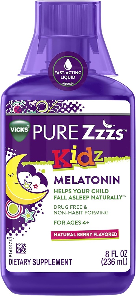 VICKS PURE Zzzs Kidz, Sıvı Melatonin Çocuklar ve Çocuklar için Uyku Yardımı, Çocuğunuzun Asleep Doğal, Low Dose Melatonin, Berry Flavored, 8oz