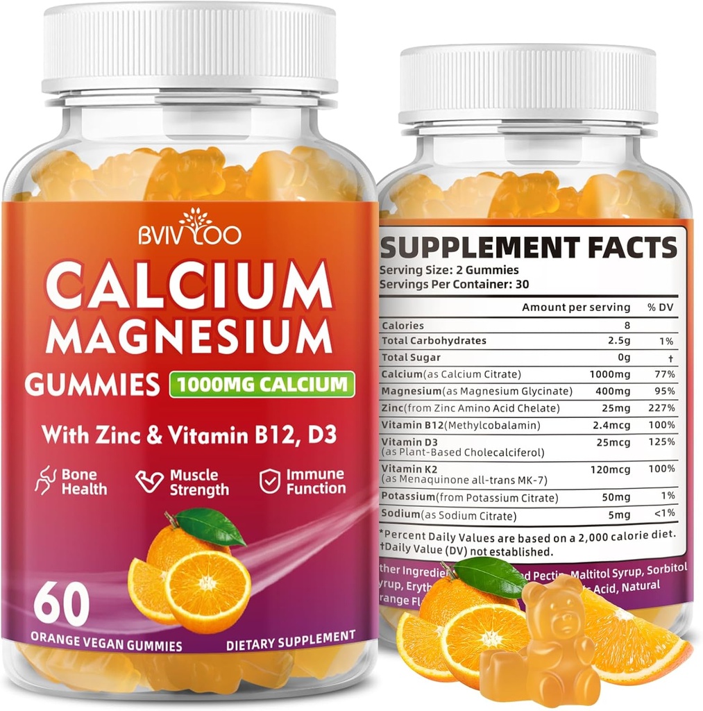 Kalsiyum Gummies 1000 mg D3 K2 & B Kompleksi, Potasyum, Magnezyum Çinko Kemik, Kas, Mood ve Immunity - Orange Flavor 60 Gummies