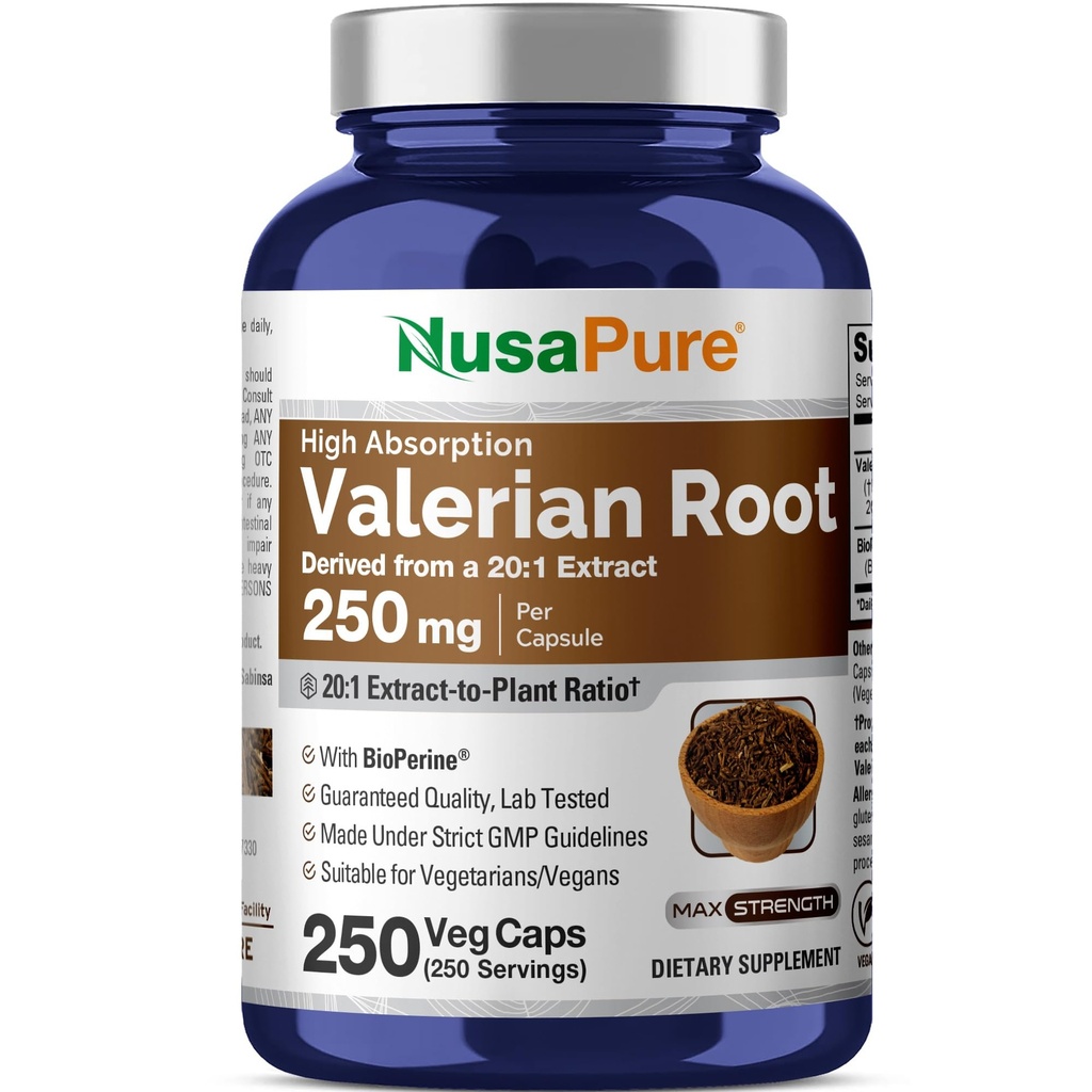 NusaPure Valerian Root 20:1 Ekstraksiyon, 250 mg Veggie Caps, 250 Kont, Vegan, Non-GMO, Bioperine