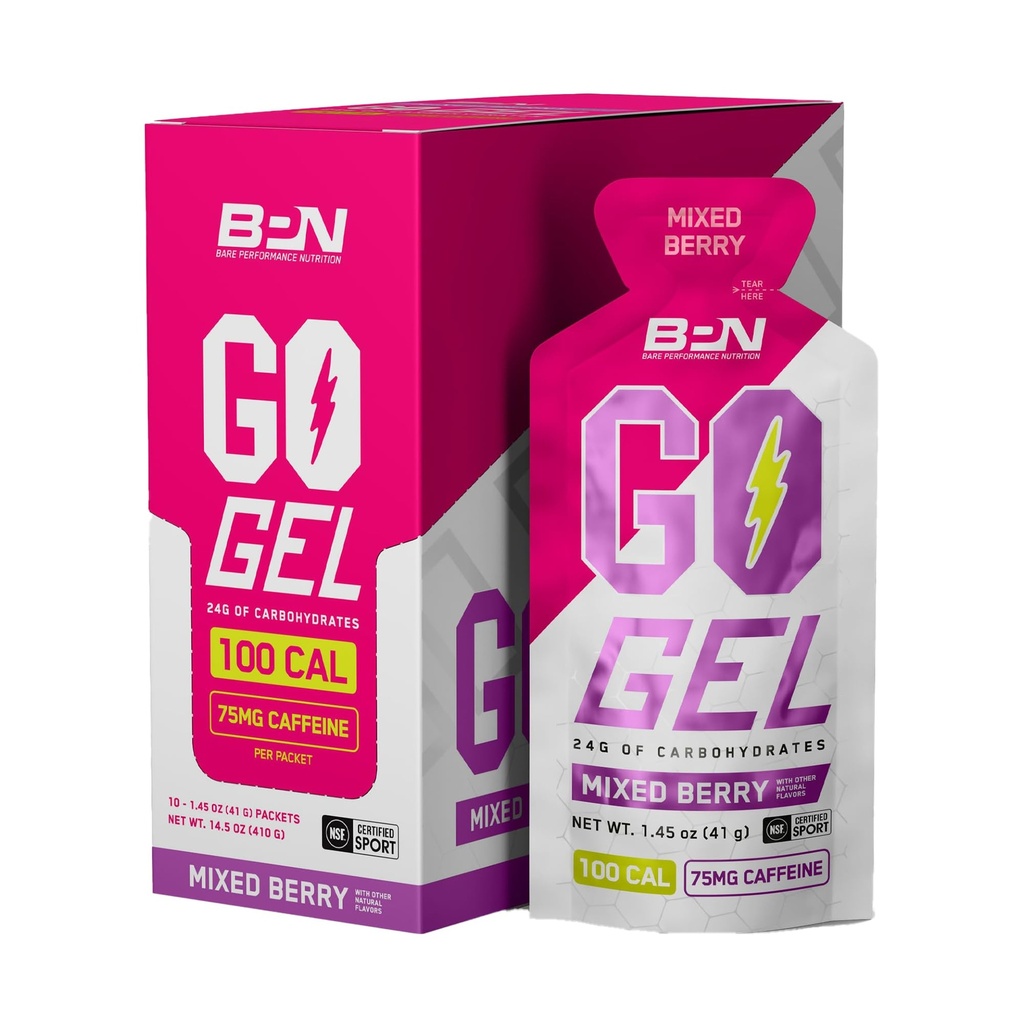 BARE PERFORMANCE NUTRITION, BPN Go Gel Endurance, 24g of Carbohydrates & 100 Calories per Pack, Vegan + Gluten Free Running Gel, 10 Single-Serving Packs, Caffeinated Mixed Berry