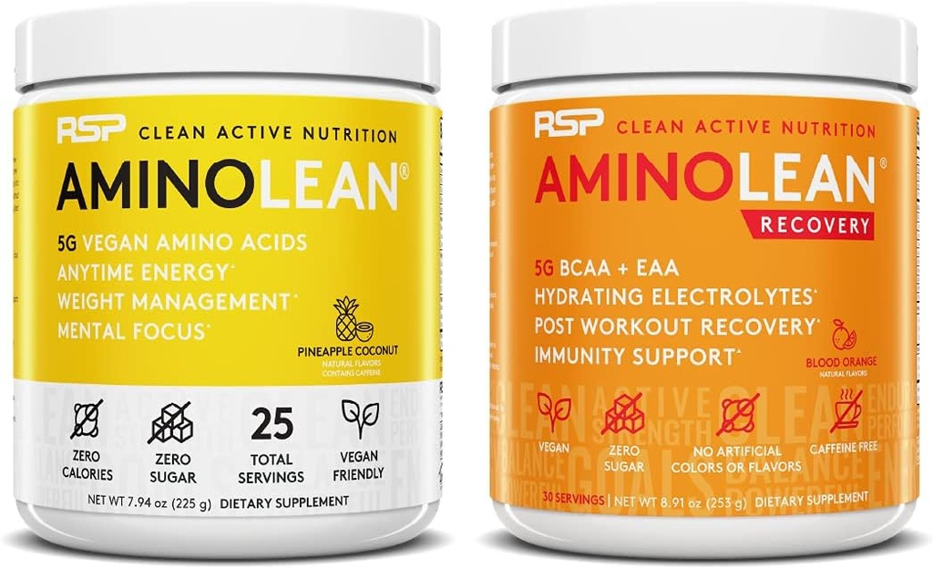 RSP NUTRITION Vegan RutherfordLean Pre Workout Energy (Pineapple Coconut 25 Hizmet) ile AminoLean Recovery Post Workout Boost ( Orange 30 Hizmet)
