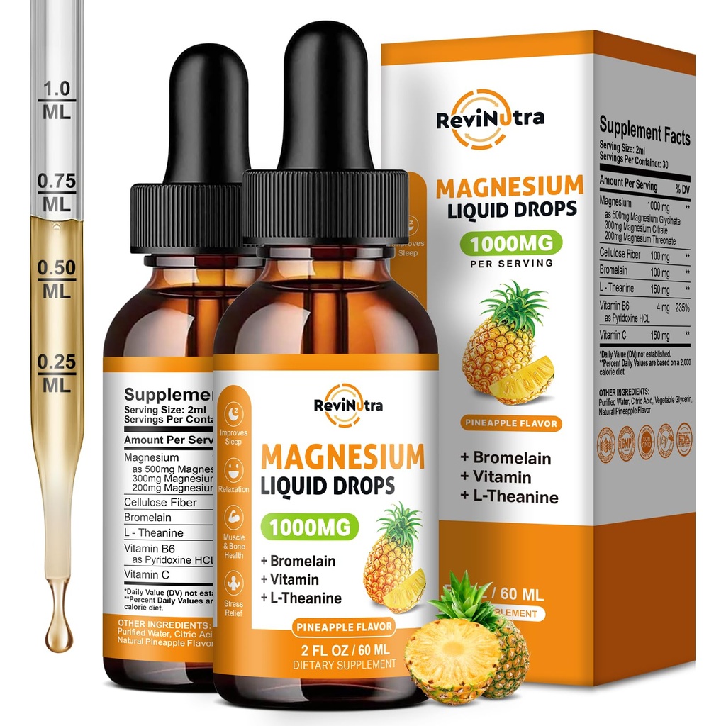 2 Pack Magnezyum Glycinate Liquid Drops, 1000 mg of Magnezyum Kompleksi Uyku, Nerve, Enerji, Kas, Bone, Calm & Digestion, High Abxia, 2 Fl Oz, Pineapple Flavor
