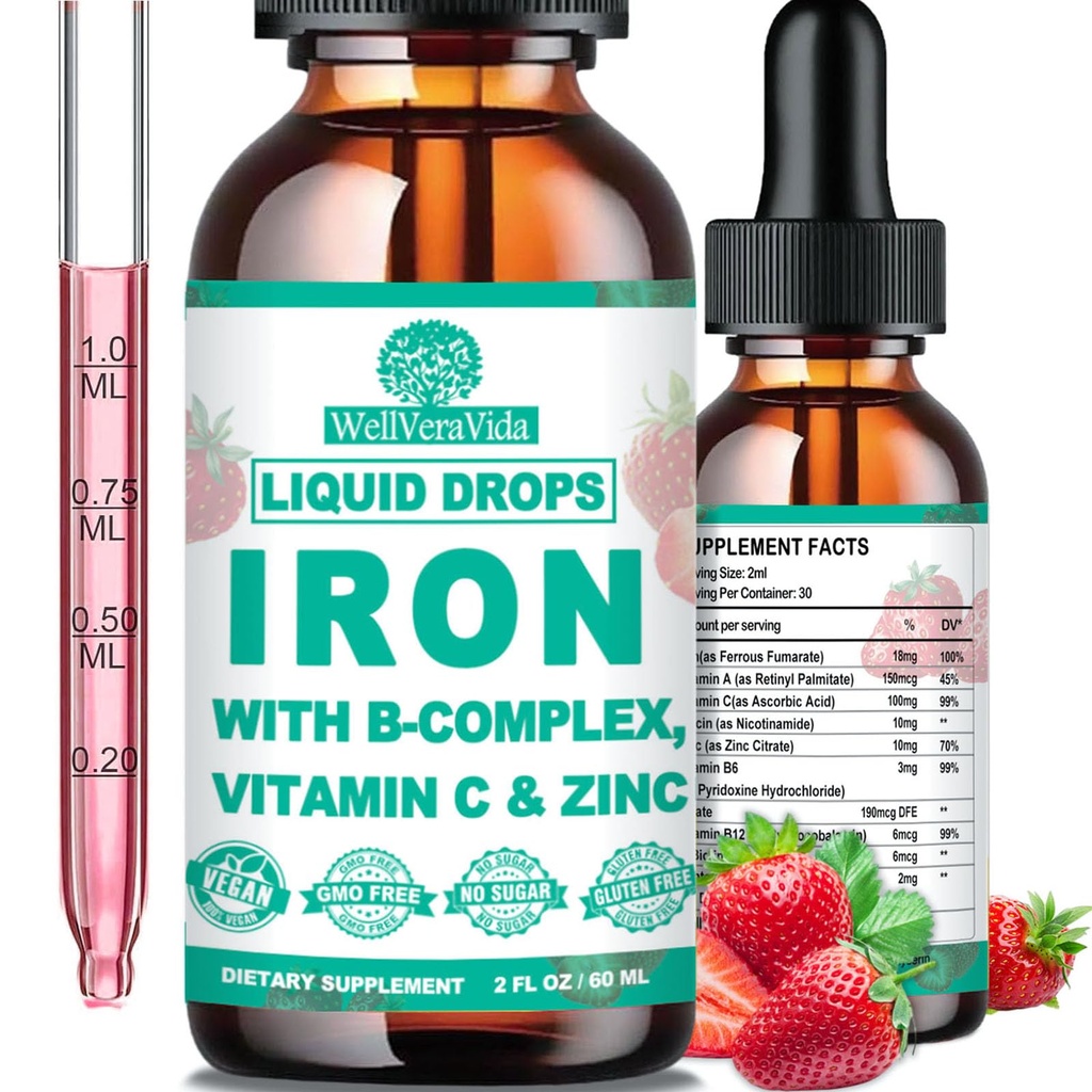 Sıvı Demir Supplement w/Vitamin C, B-Complex, Yüksek Potency Iron Liquid w. Multivitamin, Vegan Iron Drops for Women, Kids, Chelate Liquid Iron Supplement for Anemia, Fatigue, Red Blood Cell Support