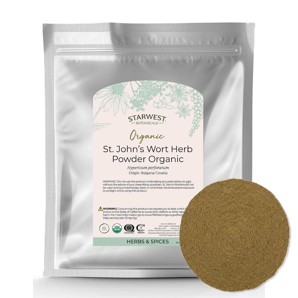 Starwest Botaniks Organik St. John's Wort Toz - Çay için Herb, St. John's Wort Flower, Supports Relaxation, Certified Kosher, Non-GMO - Bulk 1 lb Bag Bag