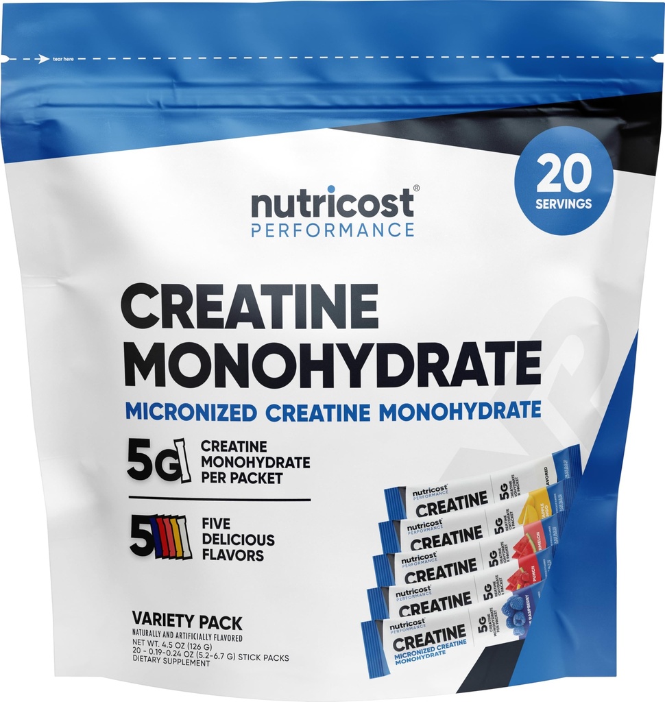 Nutricost Kretine Monohidrat Toz Çeşitlilik Çöpleri (5 Flavors, 20 Hizmet) - Mikronized, 5 Kreta Monohidrat