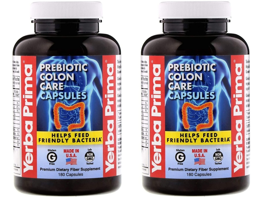 Yerba Prima Prebiotic Colon Care Capsules - 180 Count (Pack of 2), Gluten Free, Proudly Made in The USA, Non-GMO, Soluble & Insoluble Fiber, Supports A Healthy Functioning Colon