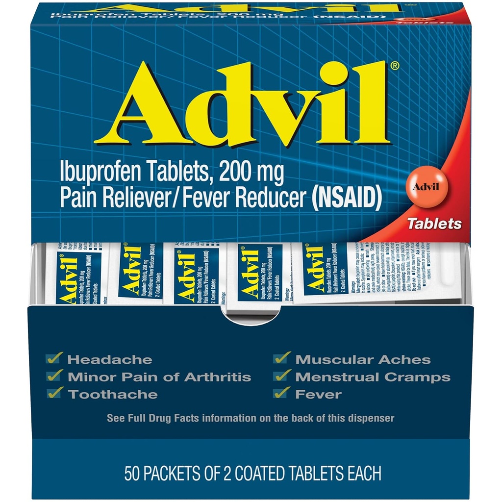 Advil Ibuprofen, 200 mg, 2 kapaklı Tabletlerin 50 Paketleri (Pack of 2)