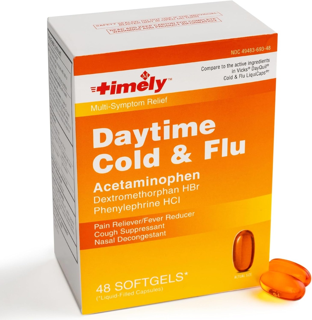 TIME-CAP LABS, INC. Zamanlı Daytime Cold and Flu Medicine 48 Softgels - Cough Suppressant, Nasal Decongestant, Pain Reliever
