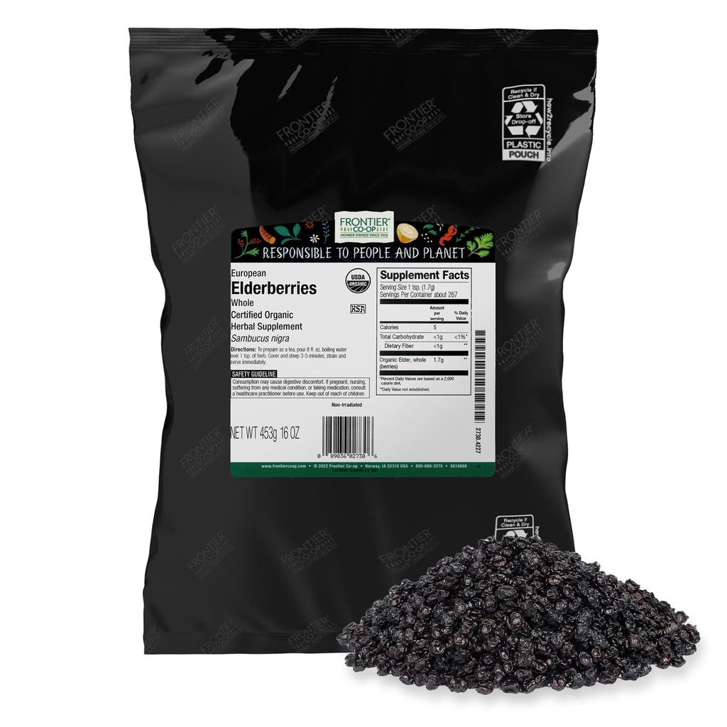 Frontier Co-op Organik Kuru Yaşlılar, 1lb Bulk Bag, Avrupa Whole | Kosher ve Non-GMO Organik Yaşlılar için, Çay için, Immune Support