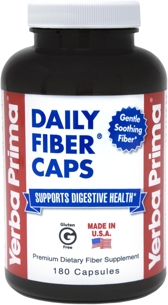 Yerba Prima Daily Fiber Caps - 180 Capsules - Soluble & Insoluble Dietary Fiber Supplement - Colon Cleanse - Gut Health - Vegan, Non-GMO, Gluten-Free