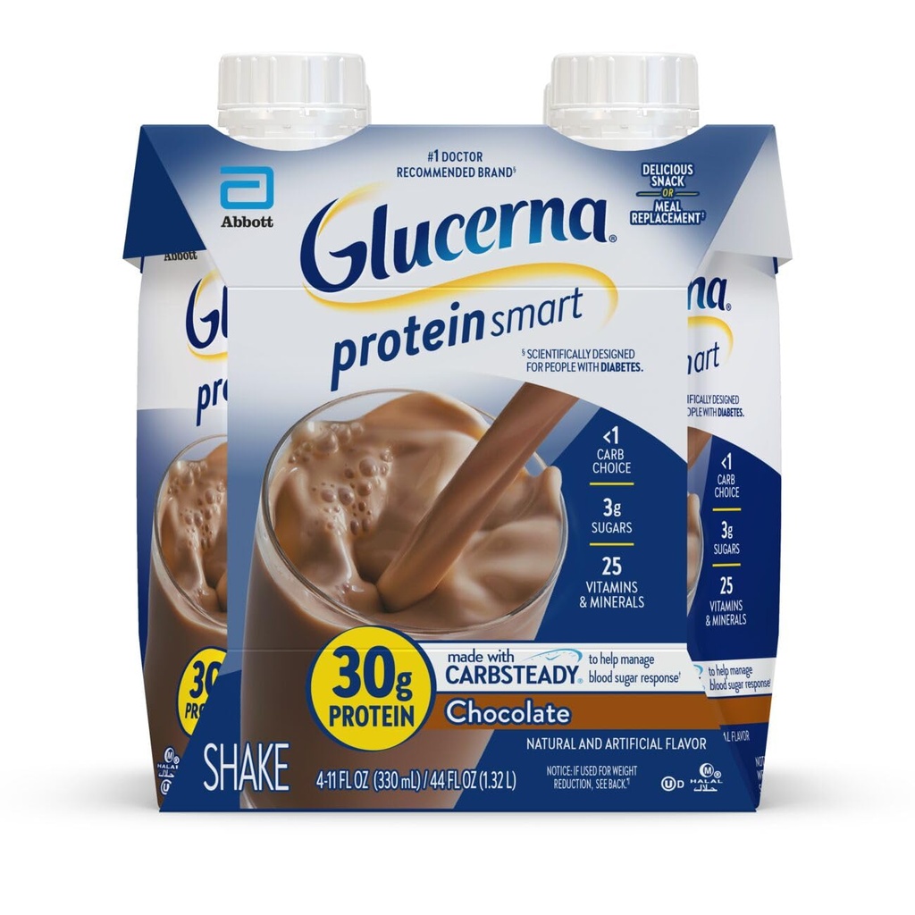 Glucerna protein Smart Diyabet Care Shake, Chocolate, Diabetic Meal Change to Support Blood Sugar Management, 30g Protein, 150 Calories, içmeye hazır, 11-fl-oz Şişe, 4 Pack