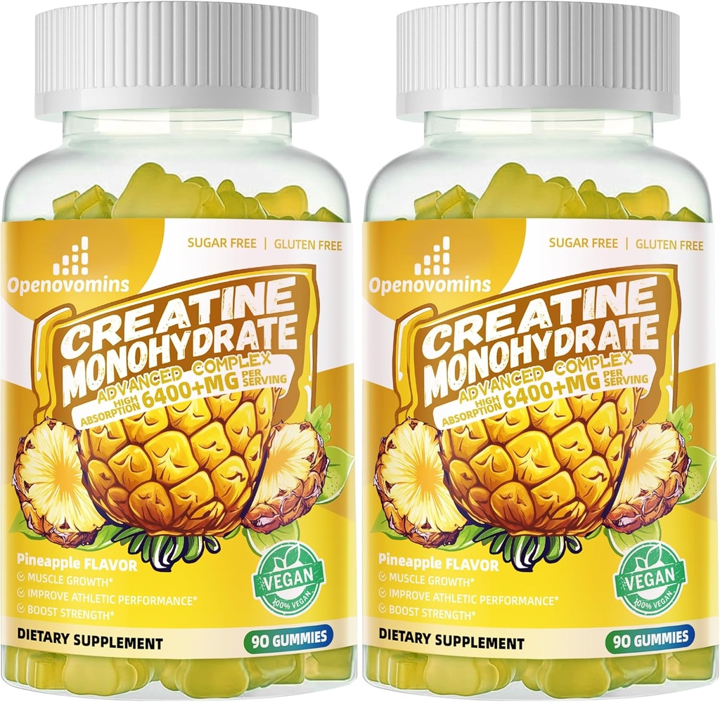 Erkekler ve Kadınlar için Kreatif Monohidrat Gummies Kompleks - İleri Formula W/L-Taurine + Vitamin B12, Sugar Free Chewable Supplement,180 Pineapple Gummies 2pack