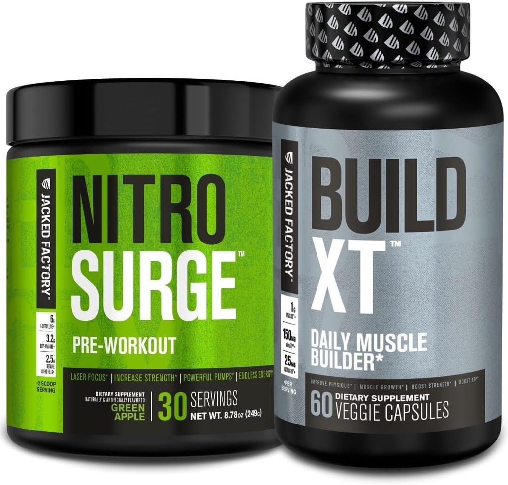 Jacked Factory Nitrosurge Pre-Workout in Green Apple & Build XT Muscle Building Sche for Men & Women